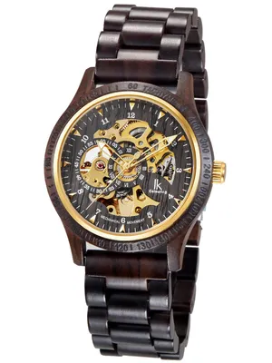 Produktbild von Alienwork Herren mechanische Automatik-Uhr schwarz mit Holz-Armband gold Skelett Holzuhr