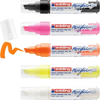 Produktbild von Edding 5000 Acrylmarker Breit, Schwarz, Orange, Pink, Weiß, Gelb, Meißel, Schwarz, Orange, Pink, Weiß, Gelb, Extradick, 5 mm, 1 cm