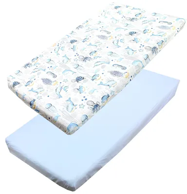 Produktbild von TupTam Baby Spannbettlaken Kinder Spannbetttuch für Babybett Kinderbett 2er Pack, Farbe: Meerestiere Blau, Größe: 70 x 140 cm