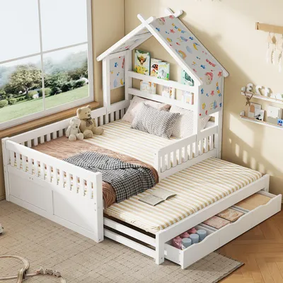 Obrázek produktu pro MODFU dětská postel 140x200 z dřevěné platformy se 3 zásuvkami, manželská postel s bezpečnostními zábranami, domečkový design, postel s výsuvným lůžkem, bez matrace, bílá