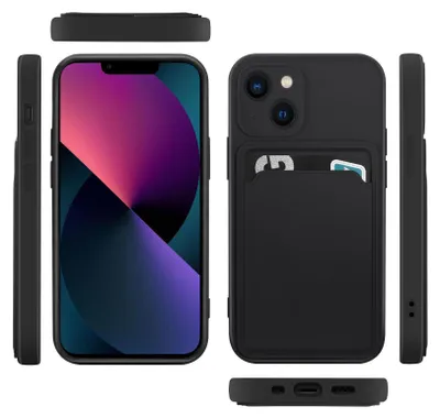 Multiple views of a black iPhone 14 Plus case with a card slot.