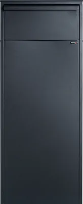 A dark gray mailbox is shown against a white background.