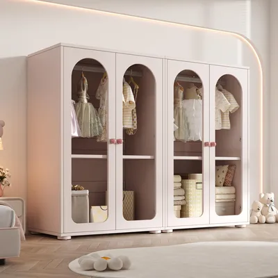 Productafbeelding van Kledingkast met twee deuren, gelakte kledingkast, opbergkast voor de slaapkamer, kinderkledingkast, met kledingstang, acrylglazen deuren