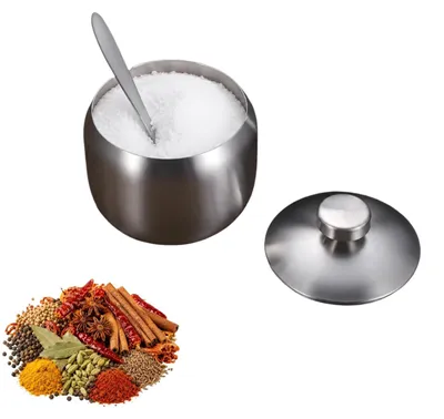 Zuckerdose mit Deckel und Löffel, 304 Edelstahl, 400 ml, silber