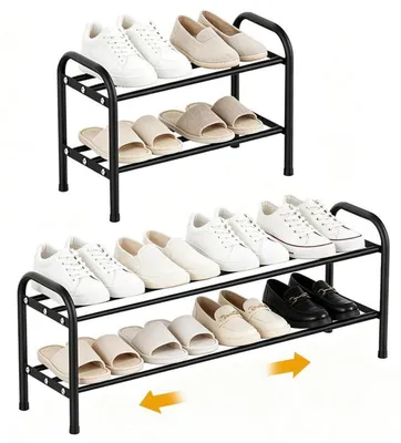 Zdjęcie produktu dla Półka na buty, wysuwana, 2 poziomy, metalowa, czarna, regulowana, 42-78 cm, oszczędzająca miejsce