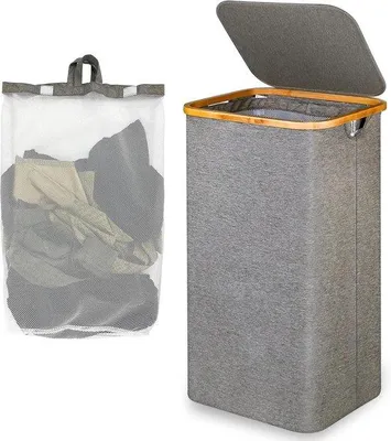 Obrázek produktu pro Velký koš na prádlo s víkem - 100 litrů, bambusová držadla, skládací XXL