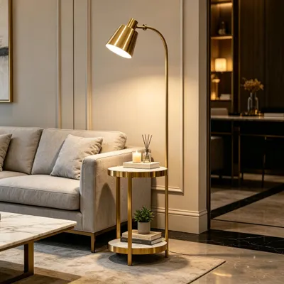 Produktbild von Vrygle LED Stehlampe Gold 155 cm, U-förmig mit 2 Ablagen, verstellbarer Schirm, Fußschalter