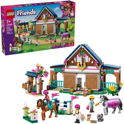 Produktbild von LEGO Friends Pferdestall und Reitschule - Lern-Spielset mit 3 Mini Puppen, 2 Pferdefiguren, einem Hundewelpen & Pflegezubehör - Geburtstagsgeschenk für Mädchen ab 7 Jahren - 42688