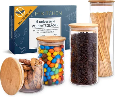 Produktbild von Vorratsdosen 4er Set, Borosilikatglas, Bambusdeckel, für Küche
