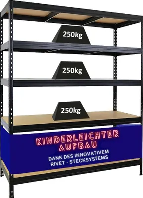 Produktbild von Schwerlastregal Rivet | HxBxT 180x150x60 cm | Fachlast 250kg | Innovatives Stecksystem | Schwarz