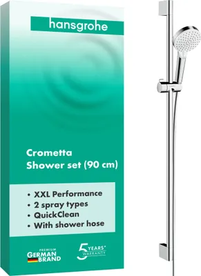 Produktbild von hansgrohe Crometta - Duschset, runder Duschkopf mit Brausestange 90 cm, Duschkopfhalterung und Brauseschlauch 160cm, Duschbrause mit 2 Strahlarten, Weiß/Chrom