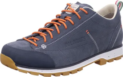 A single blue hiking shoe with orange laces is shown against a white background.