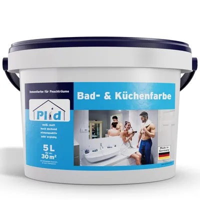 Produktbild von Plid Bad- & Küchenfarbe Weiß Matt 5L für ca. 30m² – Feuchtraumfarbe für Küche & Bad – Hochdeckende, Atmungsaktive Innenfarbe – Wandfarbe Weiß Matt
