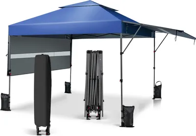 A blue pop-up canopy tent is shown set up, with its folded frame and carrying bag nearby. Several sandbags are placed around the legs of the tent.