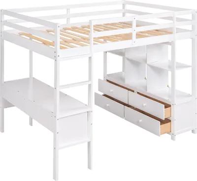 Produktbild von Kinderhochbett (140x200cm,Weiß),Etagebett mit Stauraumschubladen und Unterbettschreibtisch