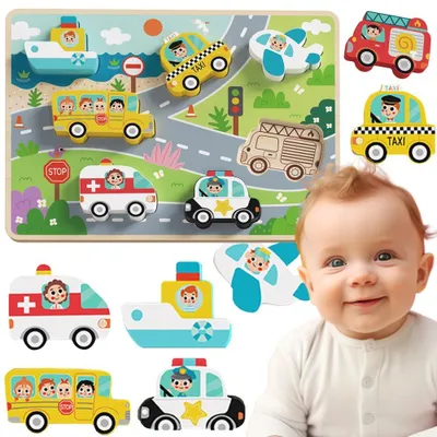 Image de Tooky Toy Puzzle Montessori en bois véhicules voitures avion bateau ville formes assorties