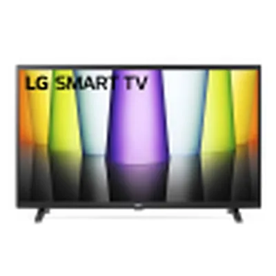 A black LG smart TV is displayed on a stand against a background of colorful abstract shapes.