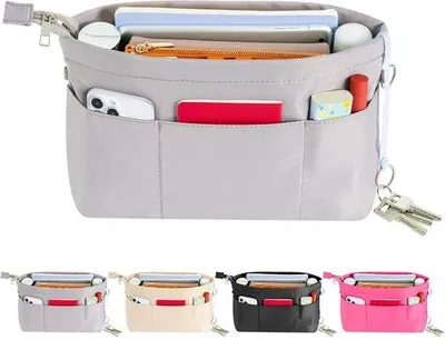 Produktbild von Große graue Handtaschen-Organizer aus Nylon mit Schlüsselanhänger und Innenfächern