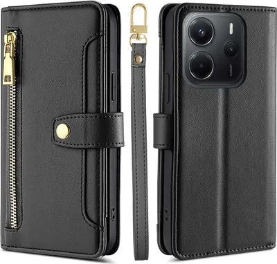 Produktbild von Handykette Xiaomi Redmi Note 14 5G Hülle mit Band Handyhülle Kartenfächer Kunstleder Umhängetasche in Schwarz