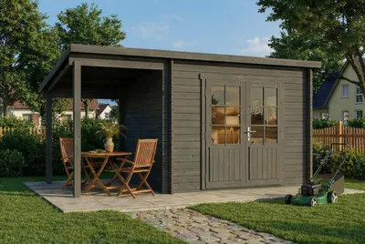 Produktbild von Alpholz Gartenhaus Maria mit Schleppdach aus Holz 450 x 272 cm mit 28 mm Wandstärke und Imprägnierung Grau