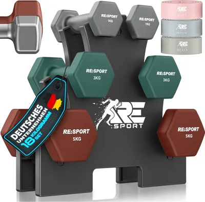 Produktbild von RE:SPORT® Hantel-Set 18 kg mit 2×1 kg, 2×3kg und 2×5 kg inkl. Ständer & 3x Fitnessbänder | Rutschfeste Neopren Kurzhanteln für Damen & Herren | Hanteln Hantelset