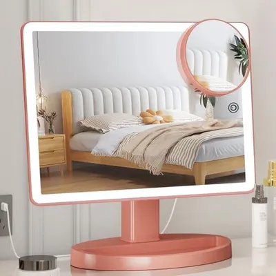 Produktbild von Funtouch großer beleuchteter Make -up -Spiegel, 37 x 22,8 cm, 88 LEDs, 360 Grad rotierender Touchscreen, 10 -fache Vergrößerung, Tischwaselwaschtischg