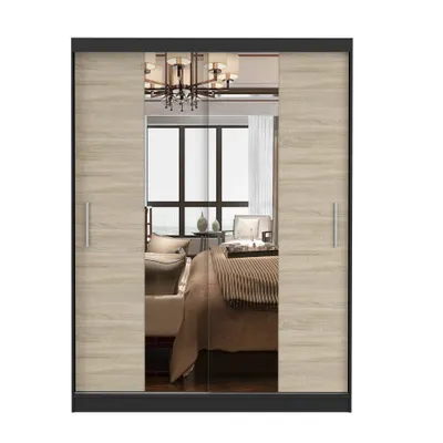 Produktbild von Schwebetürenschrank Kleiderschrank Schrank Garderobe Spiegel Vista 01 (Schwarz/Sonoma) + Spiegel 150cm
