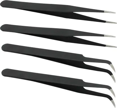 Produktbild von com-four® 4-teiliges Pinzetten Set - Allzweck Pinzetten für Haus und Hobby - gerade und gebogene Spitzzangen - Kosmetikpinzetten aus rostfreiem Edelstahl