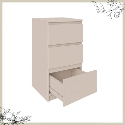A beige three-drawer chest of drawers with one drawer open, shown against a white background.