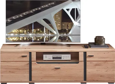 Produktbild von Fernsehtisch Lowboard mit Esche Massivholzfront STAVEN-36 mit Absetzungen in schwarz matt, B/H/T ca. 180/55/42 cm