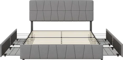 Image de Lit 160x200, Cadre De Lit Avec Tête De Lit Capitonnée Réglable En Hauteur, 4 Tiroirs, Gris