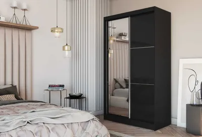 Produktbild von AGMAT Schwebetürenschrank Viva, Kleiderschrank mit 2 Türen und Spiegel, Moderne Garderobe in Farbe: Schwarz / Schwarz, Schrank in Größe: 120 x 216 x 61 cm