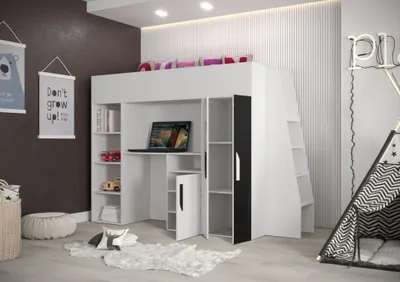 Obrázek produktu pro Patrová postel se stolem a úložným prostorem Ida - bílá/černá