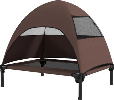 Produktbild von Erhöhtes Outdoor-Hundebett mit Dach für mittelgroße Hunde, 76x61x71cm, Kaffee - Wasserdicht, Atmungsaktiv, Komfortabler Schlafplatz