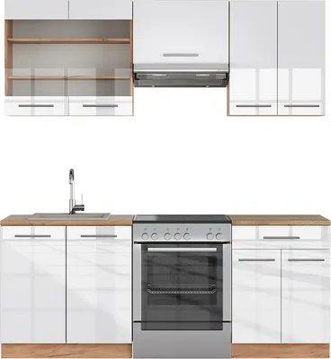 Immagine prodotto di Cucina componibile Vicco Fame-Line Bianco lucido/oro power oak 200 cm senza piano di lavoro, Model 38678