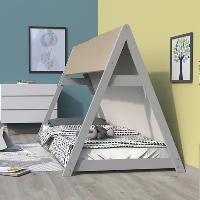 Produktbild von HAUSBETT TIPI / Kinderbett 90x190 mit Stoff und Lattenrost - Grau