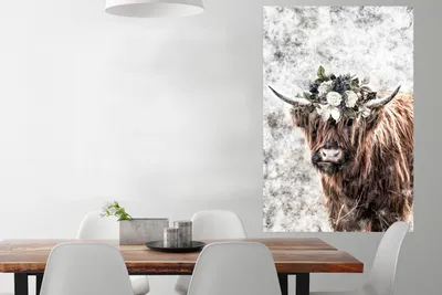 Produktbild von MuchoWow® Poster Schottisches Hochlandrind - Schwarz - Weiß - Blumen 80x120 cm - Papierdruck