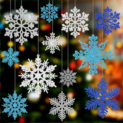 Produktbild von 52-teiliges Set Glitzerschneeflocken, Kunststoff, verschiedene Größen, für Weihnachtsbaum und