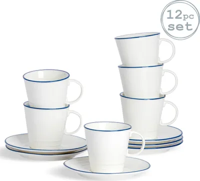 Produktbild von Nicola Spring 12 Stück Country Farmhouse Weißer Tee Tasse und Untertasse Set mit Blue-Felgen - 250ml