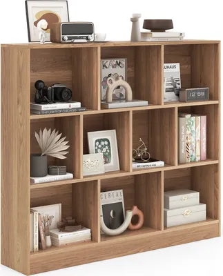 A wooden bookshelf filled with various decorative items and books.