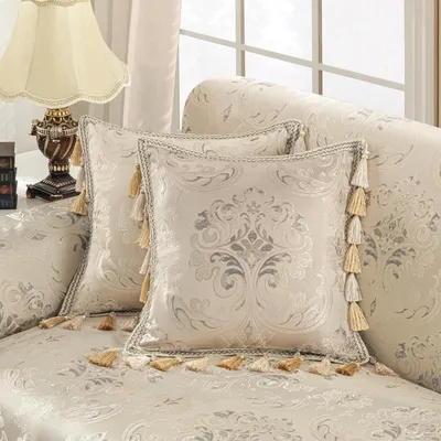 Kissenbezug 45x45 cm, Jacquard mit Quasten, Beige
