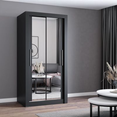 Schwebetürenschrank Kleiderschrank Schrank 100cm Schwarz/Schwarz mit zwei Spiegeln  MILAN