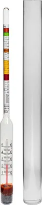 A hydrometer and its cylindrical case are shown against a white background.