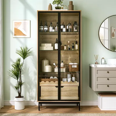 Productafbeelding van Hoge kast met glazen deur, kleur zwart en naturel. Moderne vitrinekast van MDF met een lade en een golfpatroon, afmetingen 75x35x170.8 cm
