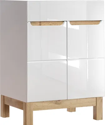 Produktbild von Waschtischunterschrank 60 cm SOLNA-56 Hochglanz weiß mit Wotaneiche, B x H x T ca. 60 x 85 x 45cm