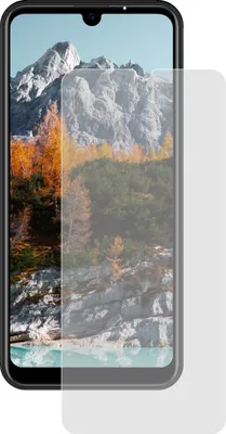 A smartphone screen protector is shown placed over a smartphone displaying a landscape image.