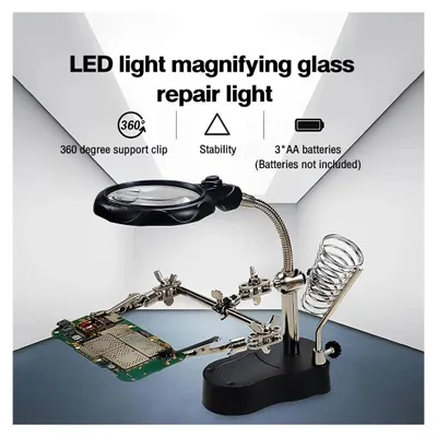 Obrázok produktu pre Držiak na spájkovačku s LED lupou a svorkami pre jednoduché spájkovanie.