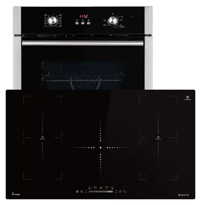 A built-in oven and an induction cooktop are shown against a white background.