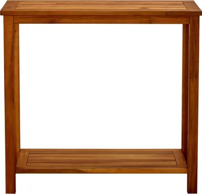 A wooden console table on a white background.