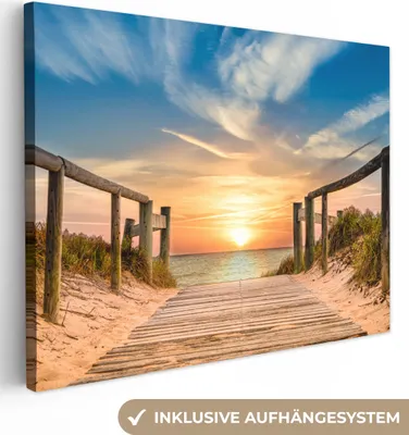 Produktbild von MuchoWow® - Leinwandbilder - Strand - Sonnenuntergang - Weg - Dünen, Wandbild, Wanddeko Bilder Wohnzimmer, 80x60cm